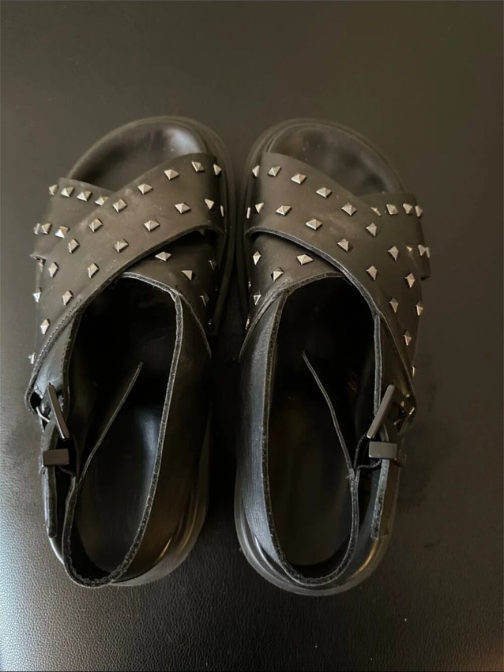 AllSaints Black Studded Crossover Strap Sandals
